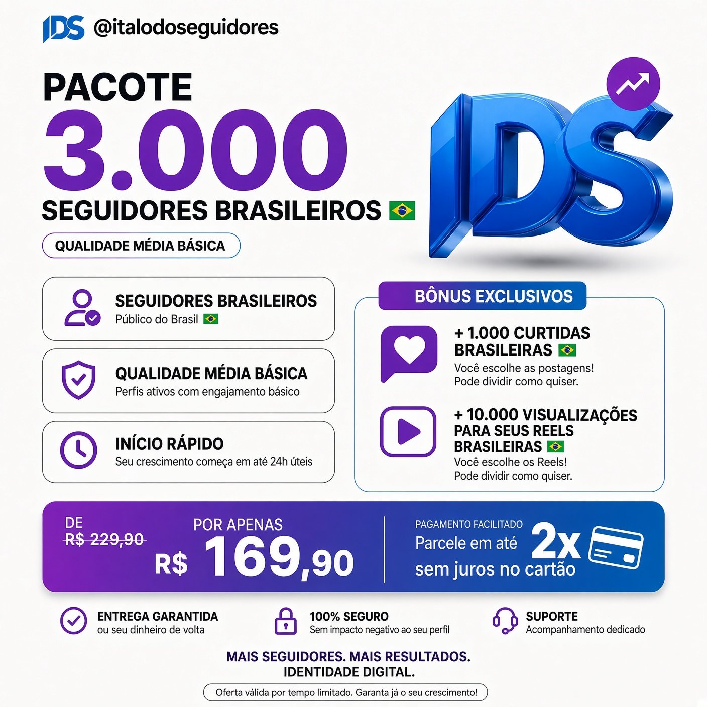 Pacote de 3.000 seguidores com bônus